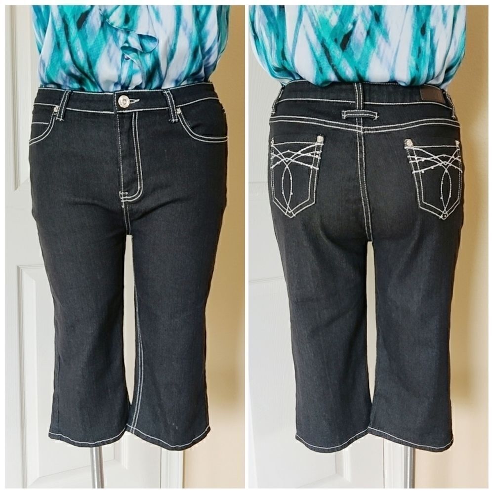 DKIN embellished black denim capris sz 14